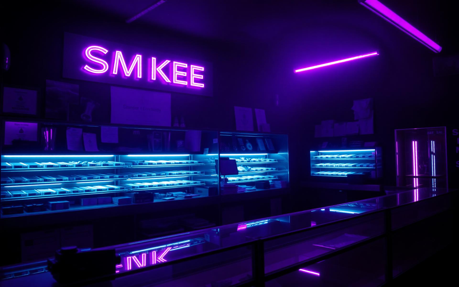Neon-lit smoke shop counter